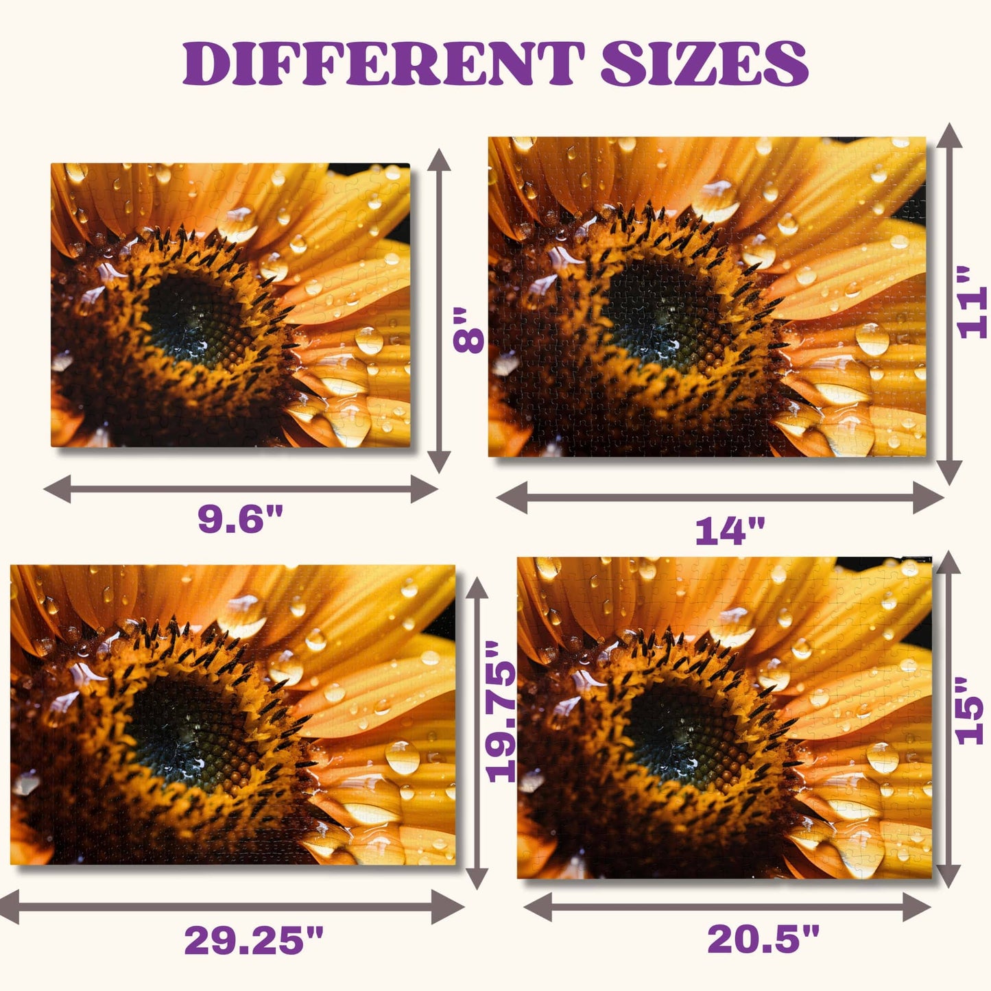 A guide showcasing different size variations of the Bold and Beautiful Sunflower Jigsaw Puzzles, tailored for various skill levels and age groups.