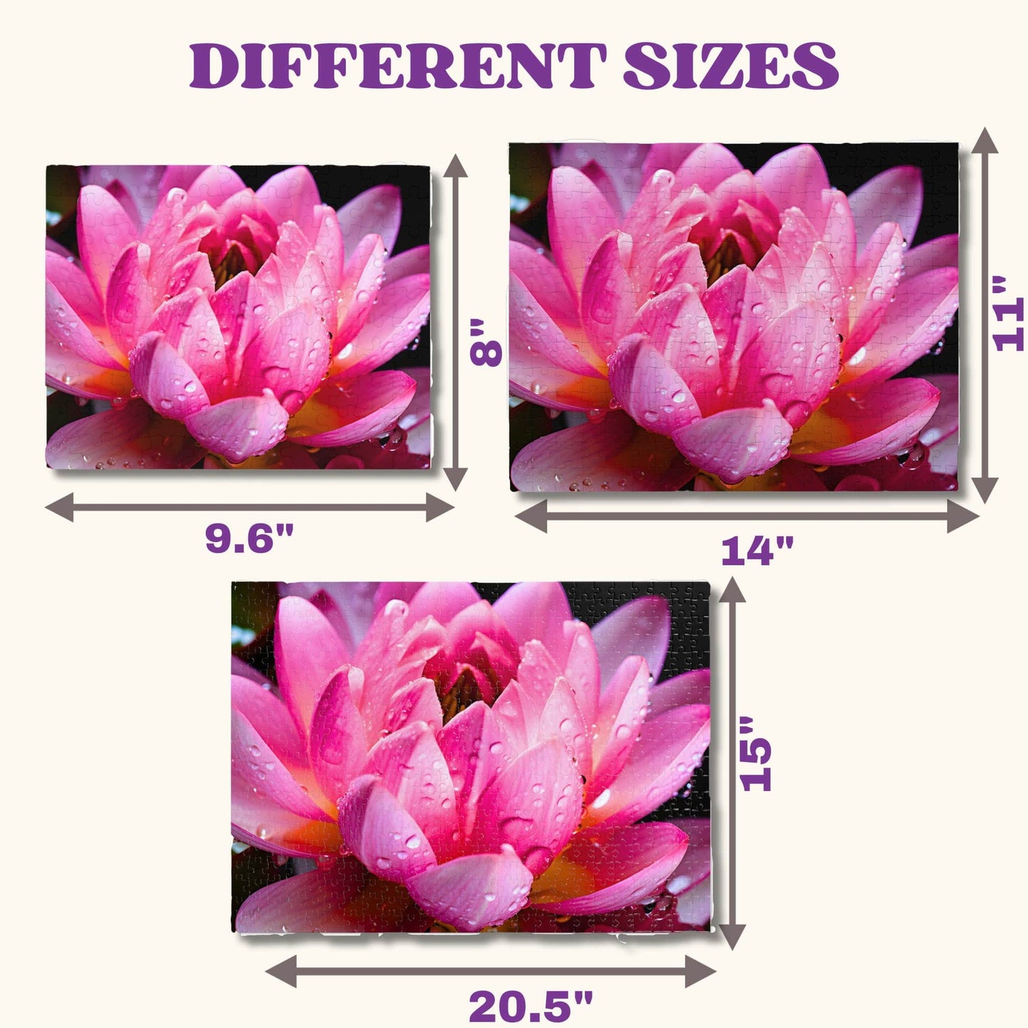 A comprehensive view of available size options for the Nelumbo Nucifera flower puzzle, catering to varying preferences and challenge levels.