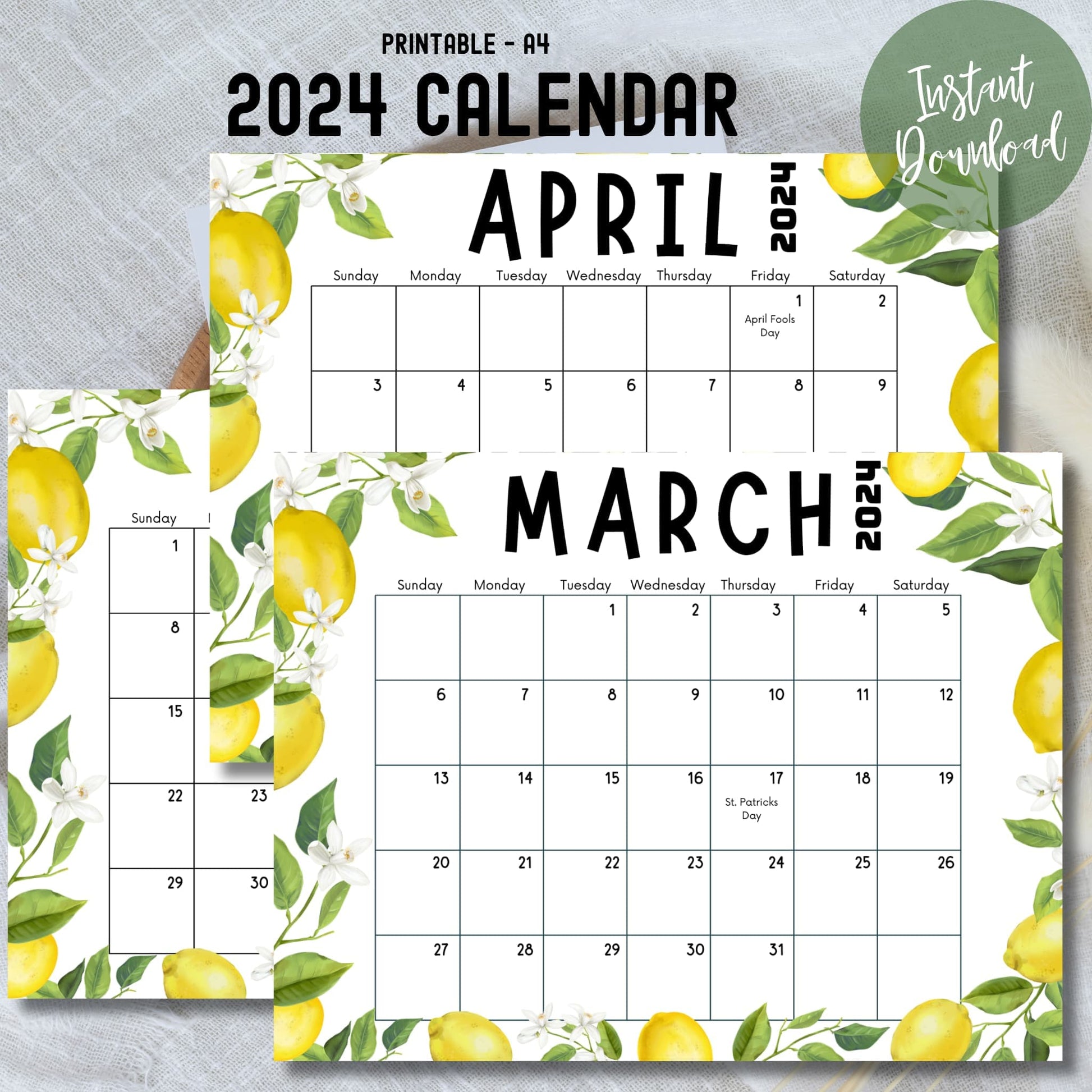Printed sheets of March, April, and May 2024 calendars with lemon and leaves background on a white plain sheet, symbolizing fresh spring beginnings.