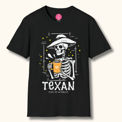 Texan Skeleton & Coffee Halloween Tee Graphic Print Tee Shirts Crew Neck for Women/Men S-3XL - Military Green/Black #G6400