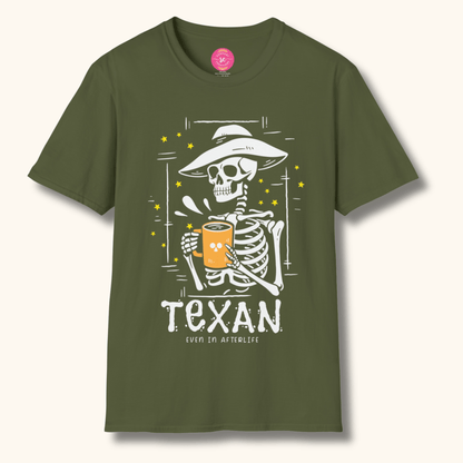 Texan Skeleton & Coffee Halloween Tee Graphic Print Tee Shirts Crew Neck for Women/Men S-3XL - Military Green/Black #G6400