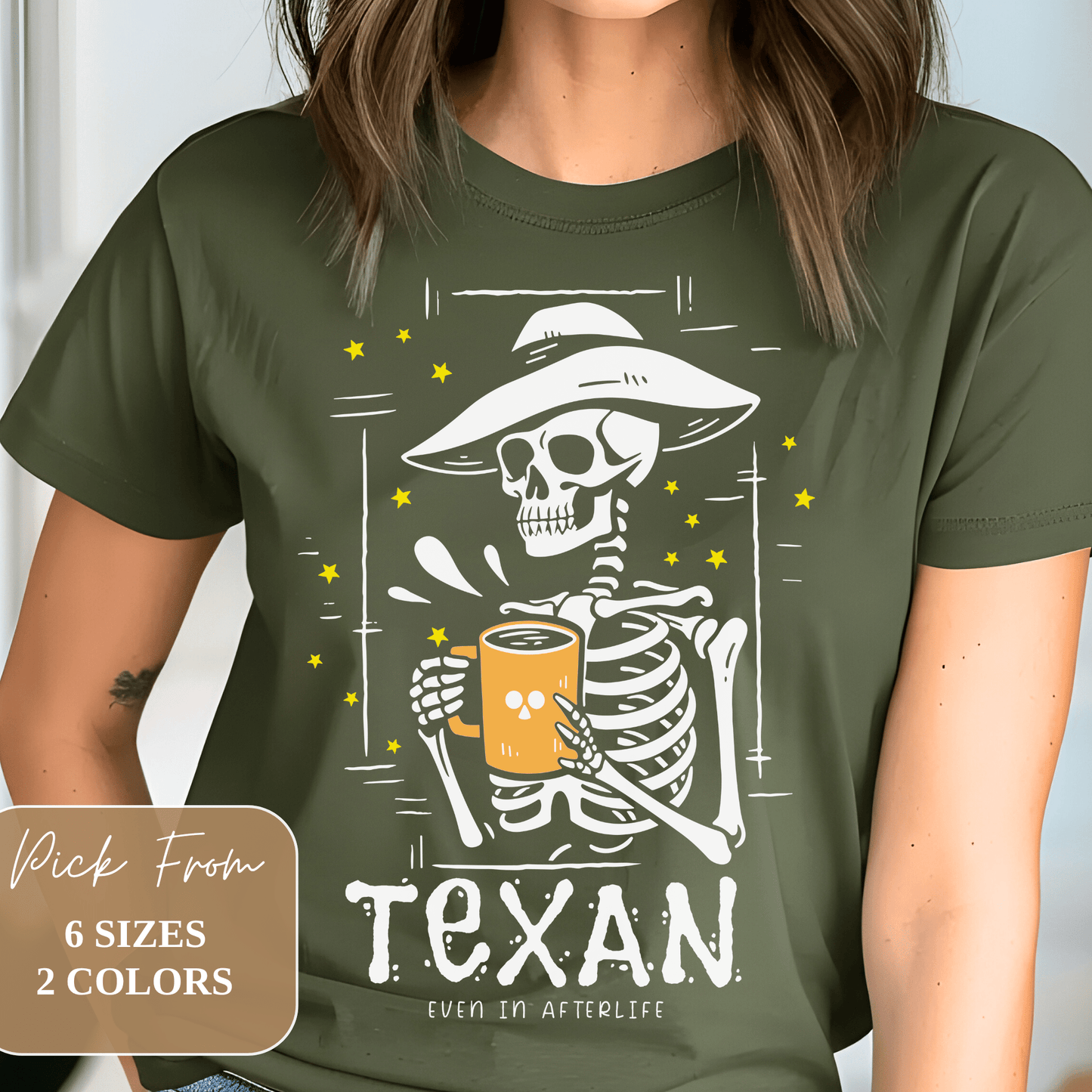 Texan Skeleton & Coffee Halloween Tee Graphic Print Tee Shirts Crew Neck for Women/Men S-3XL - Military Green/Black #G6400