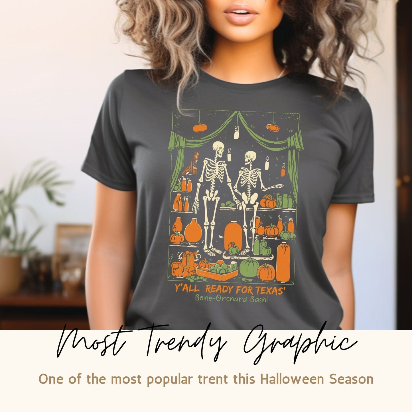 Wide lifestyle image featuring Texas Vintage Creepy 2023 Skeleton in Closet Printed Graphic Scary Halloween Gildan G6400 Shirt