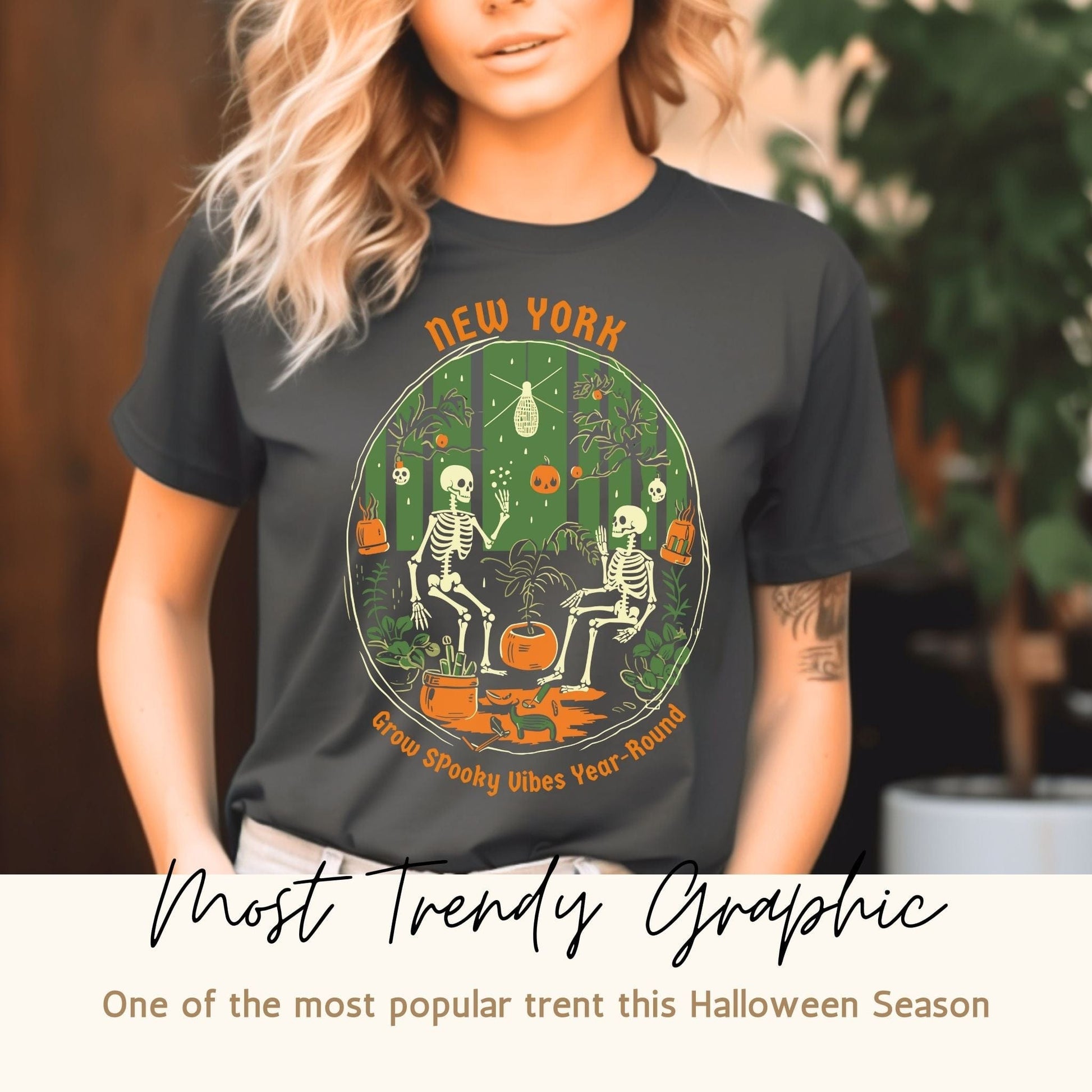 Wide lifestyle image featuring Trendy New York Halloweentown 2023 Skeleton Printed Cool Youth Halloween Gildan G6400 Shirt