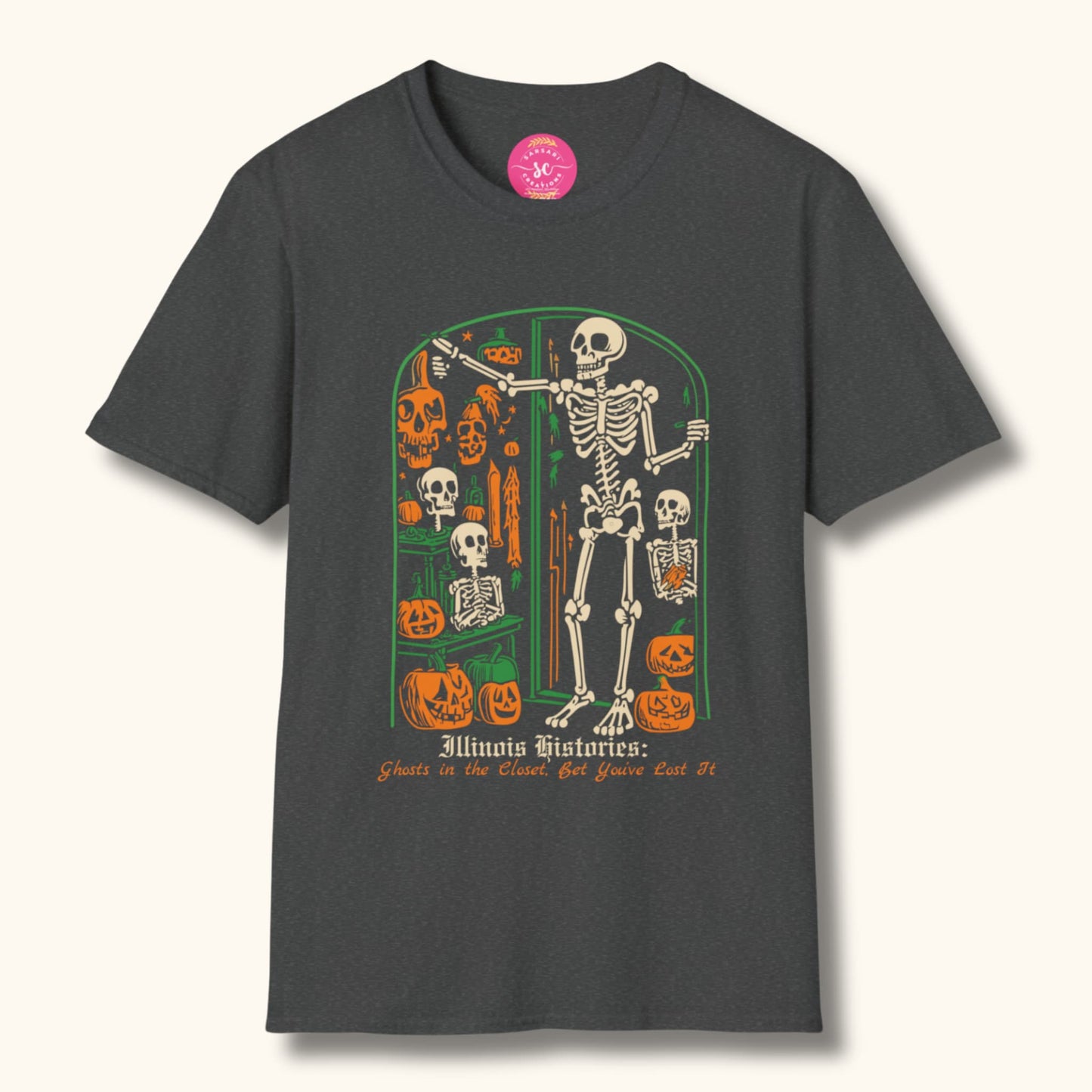 Vintage Skeleton & Pumpkins Halloween Print Graphic Tee Shirts Round Neck for Women/Men S-3XL - Black/Dark Grey #G6400