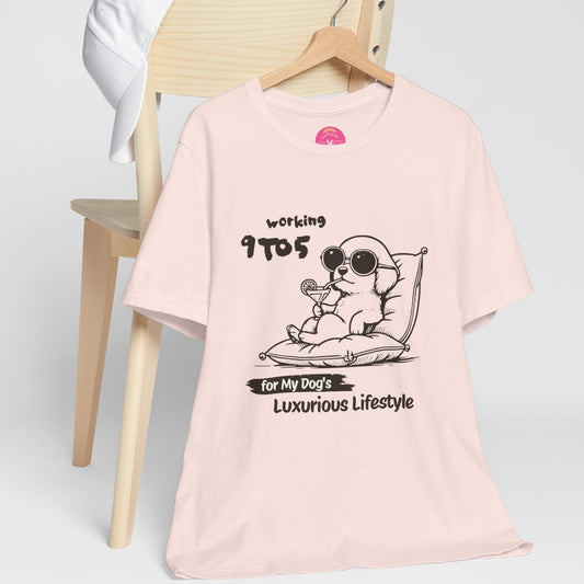 Working for My Dog Graphic soft pink tee on hanger