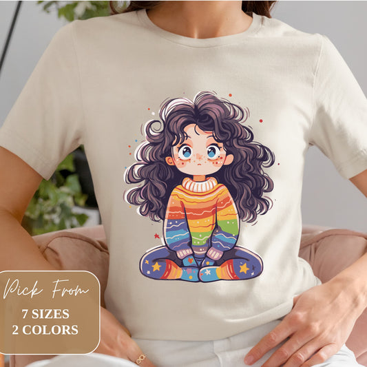 Model lounging on a couch showcasing the Aesthetic Y2K Rainbow Girl graphic tee, embodying relaxed fashion.