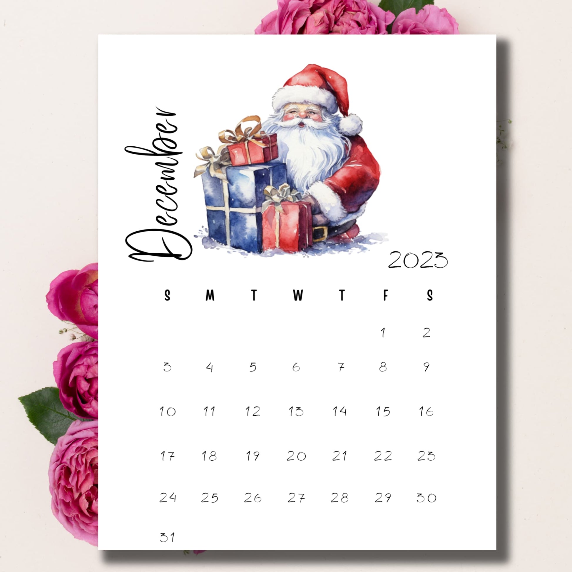 December 2023 Printable Calendar, elegantly placed amidst delicate pink flowers, symbolizing a peaceful and organized end-of-year with Sarsari Creations.