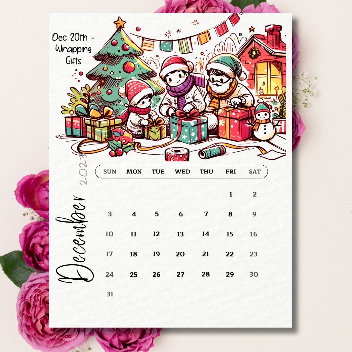 Elegant display of December 2023 Calendar printout with pink flowers, blending functionality and aesthetic charm
