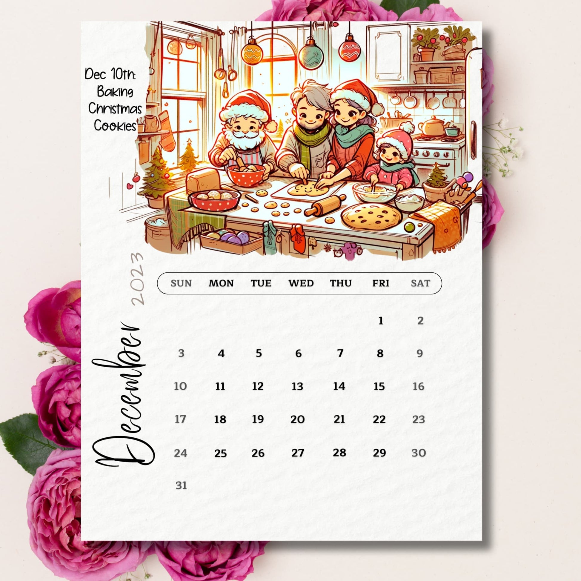 December 2023 calendar printout adorned with pink flowers, adding a touch of floral charm to the holiday planning.