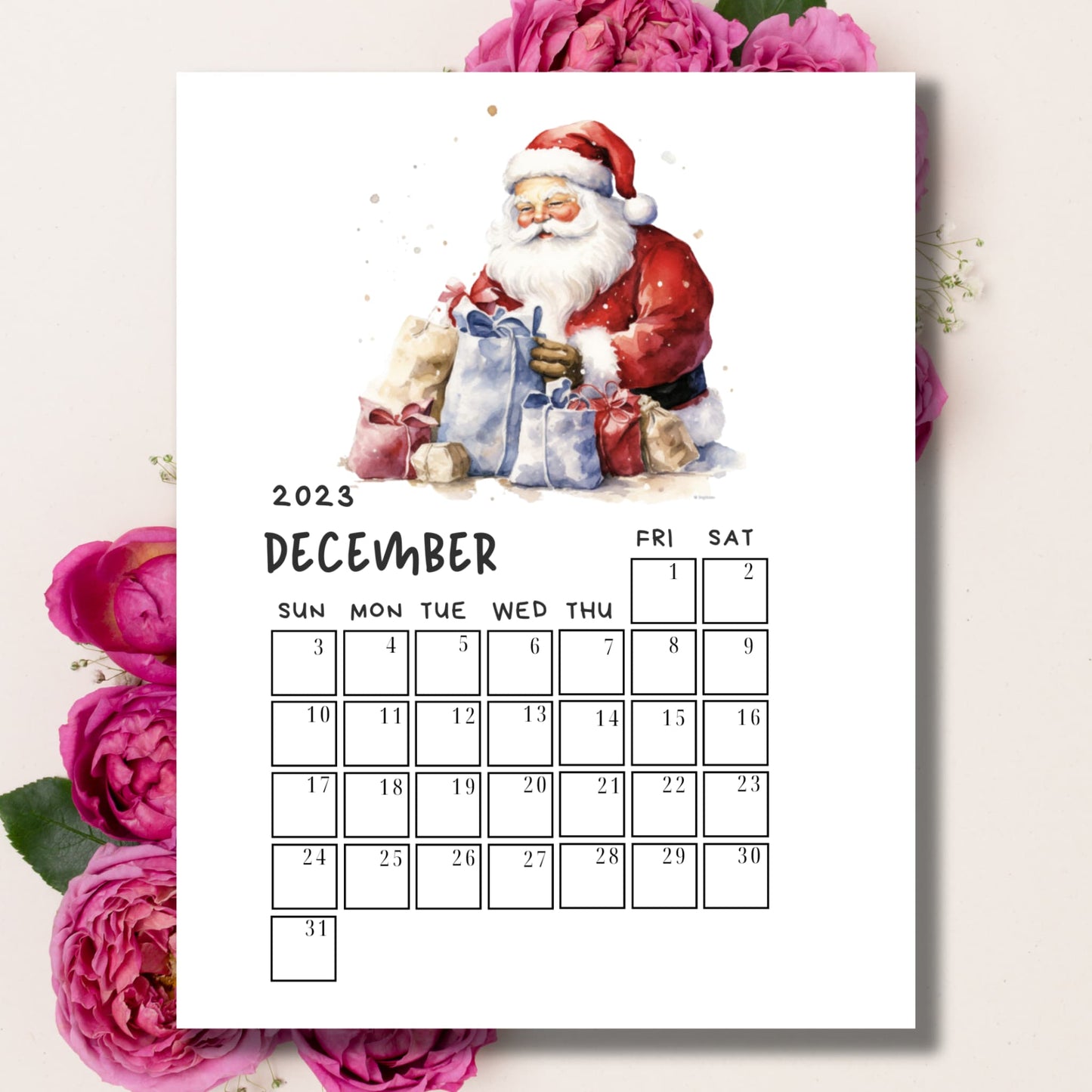  The A4 size December 2023 calendar with a heartwarming Santa illustration, gently complemented by delicate pink flowers, combining practicality and seasonal beauty in Sarsari Creations’ design.