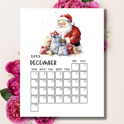  The A4 size December 2023 calendar with a heartwarming Santa illustration, gently complemented by delicate pink flowers, combining practicality and seasonal beauty in Sarsari Creations’ design.