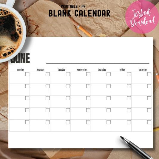 A4 printable June blank calendar with coffee cup and stationery flat lay, instant digital download