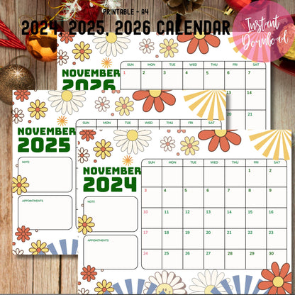 A4 printable November calendar bundle 2024-2026 with instant download badge, featuring retro flower design and notes section, styled with pink roses and green foliage"