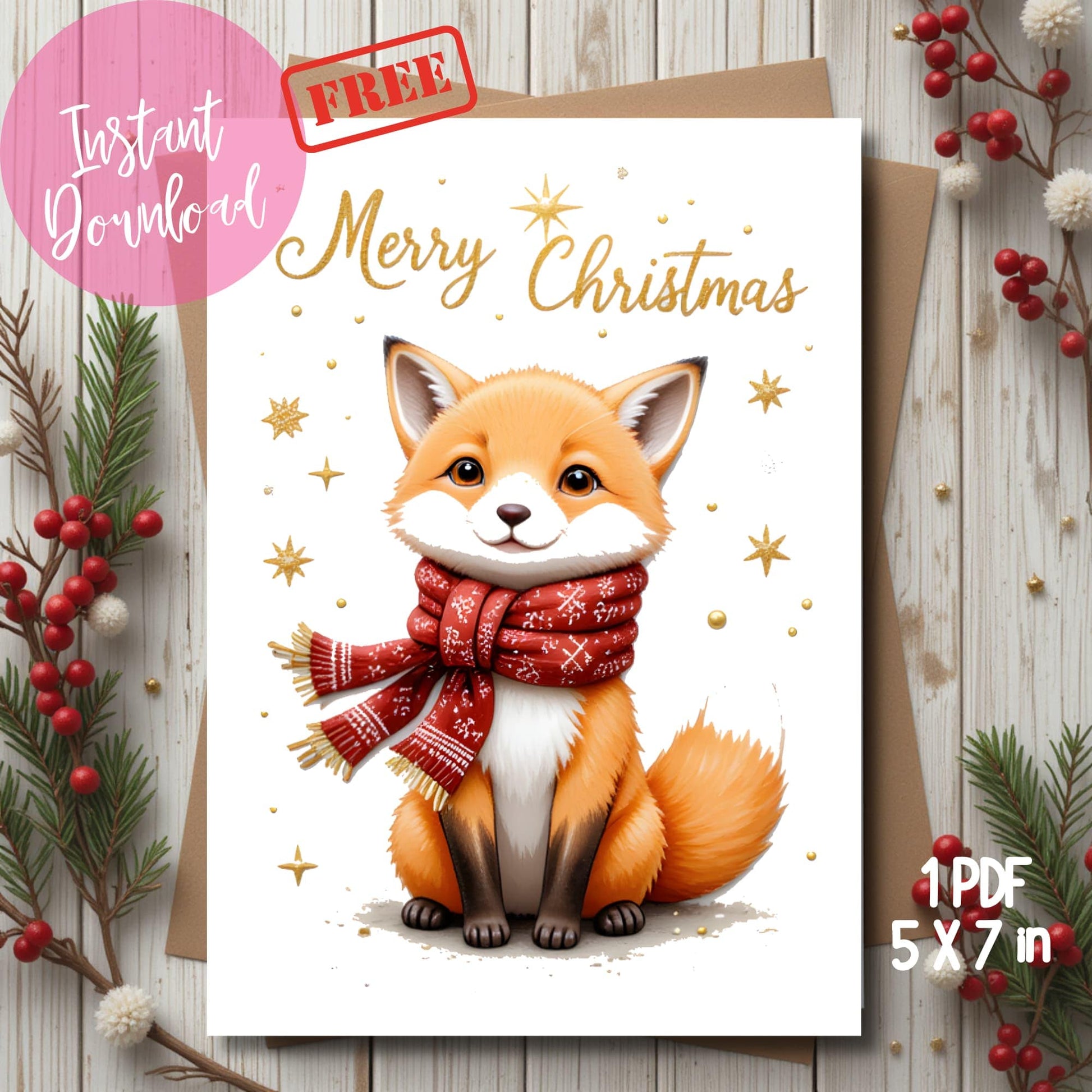 Print at home Christmas card featuring smiling fox in red knitted scarf, gold star decorations and script lettering, displayed on rustic wood background with pine branches and red berries, 5x7 format