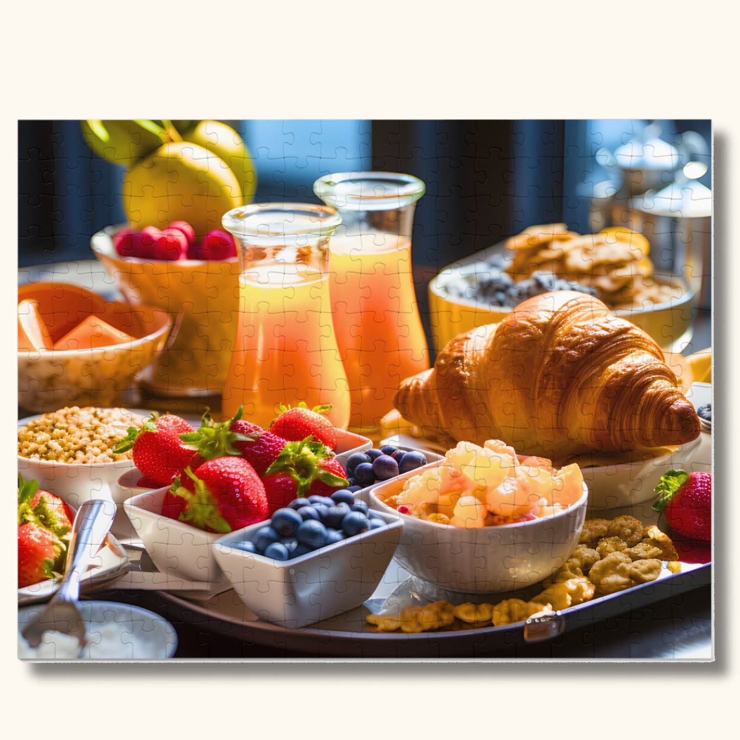 Close-up view of the 500-piece Adult Jigsaw Puzzle featuring a luxurious breakfast spread, showcasing the intricate pieces and vivid details that make this family game a delightful experience.