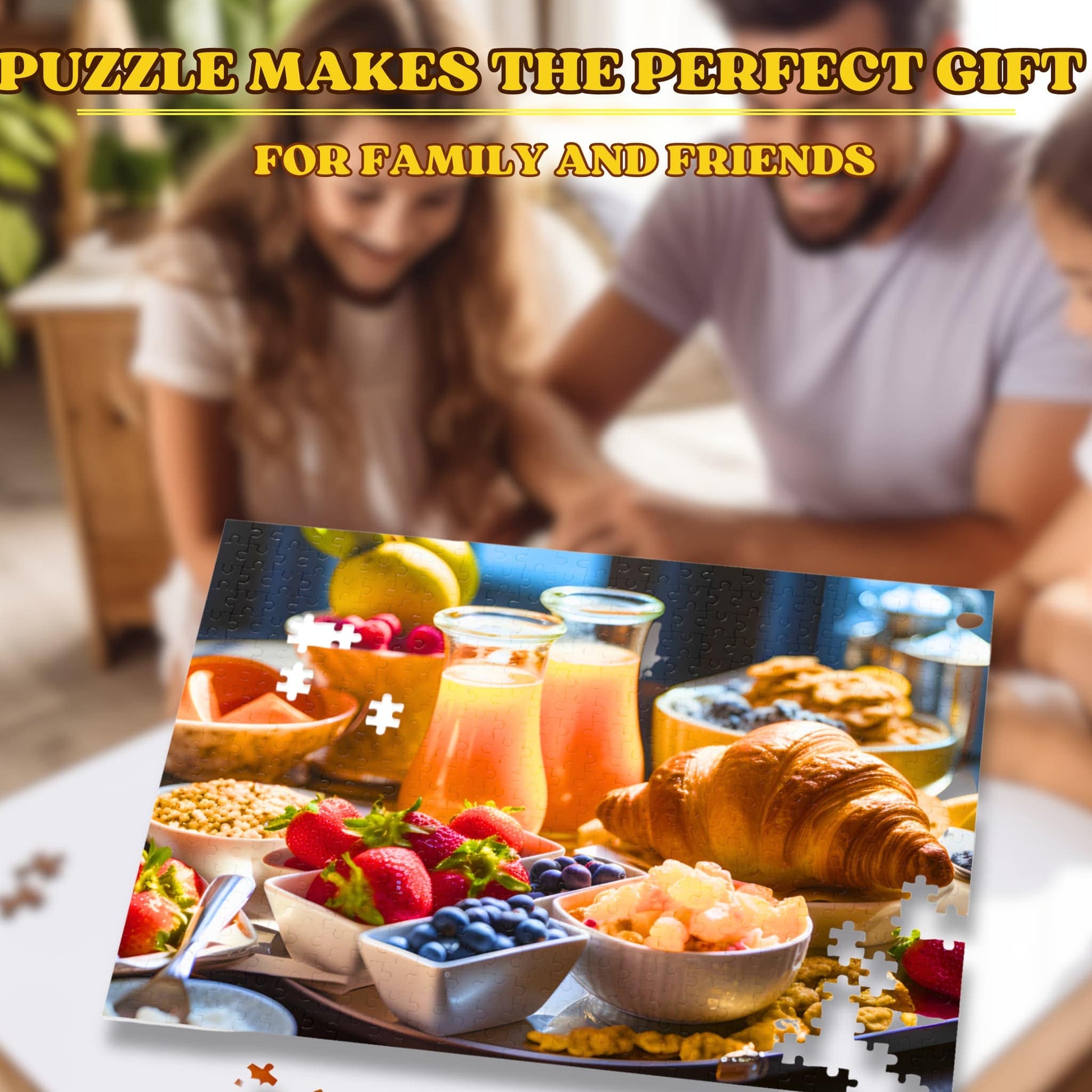 A happy family engaged in assembling the Adult Jigsaw Puzzle 500 Piece, highlighting the game's suitability for both adults and kids and its role as a joyful family activity.