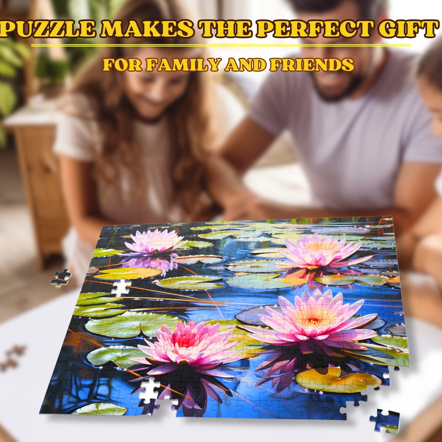 A happy family engaged in assembling the Adult Jigsaw Puzzle 500 Piece, highlighting the game's suitability for both adults and kids and its role as a joyful family activity.