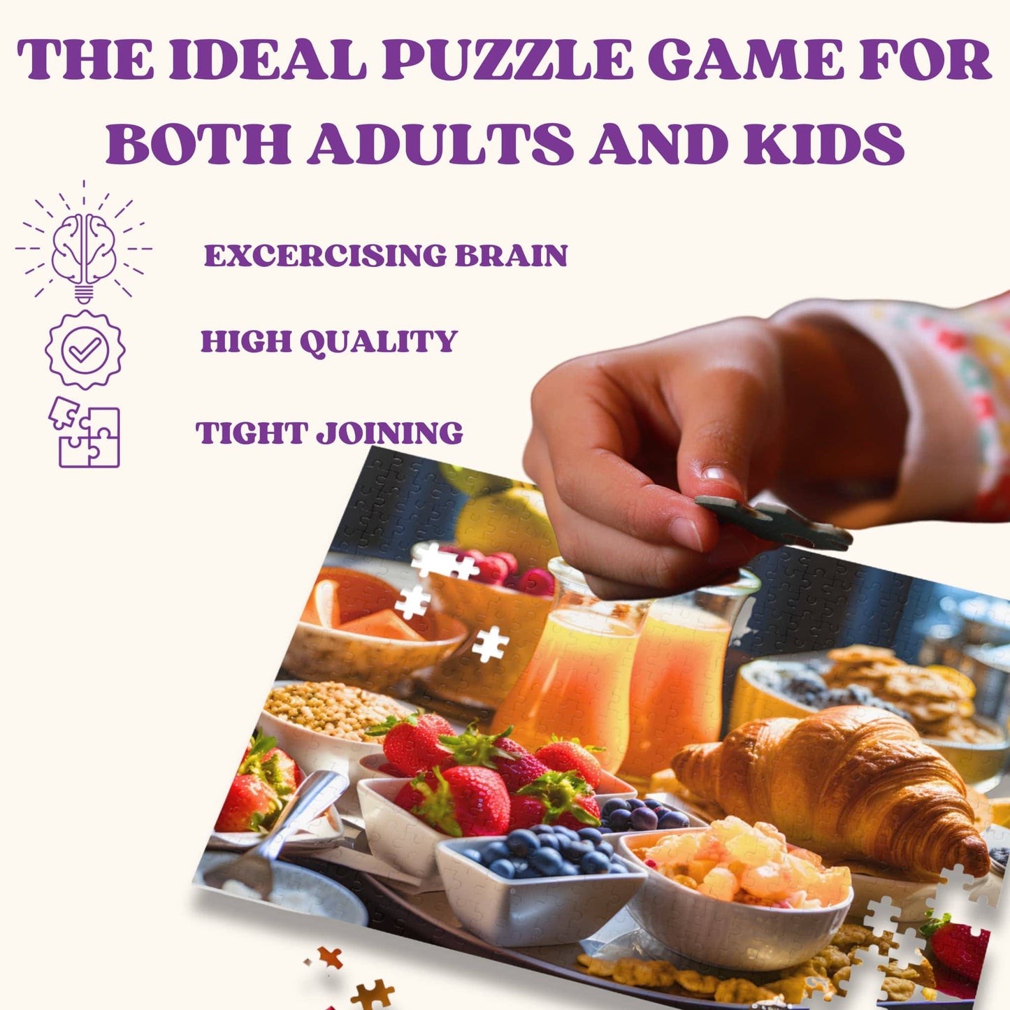 A detailed view of the features of the Adult Jigsaw Puzzle 500 Piece, highlighting its high-quality pieces and the captivating design of a breakfast spread in a luxury restaurant.
