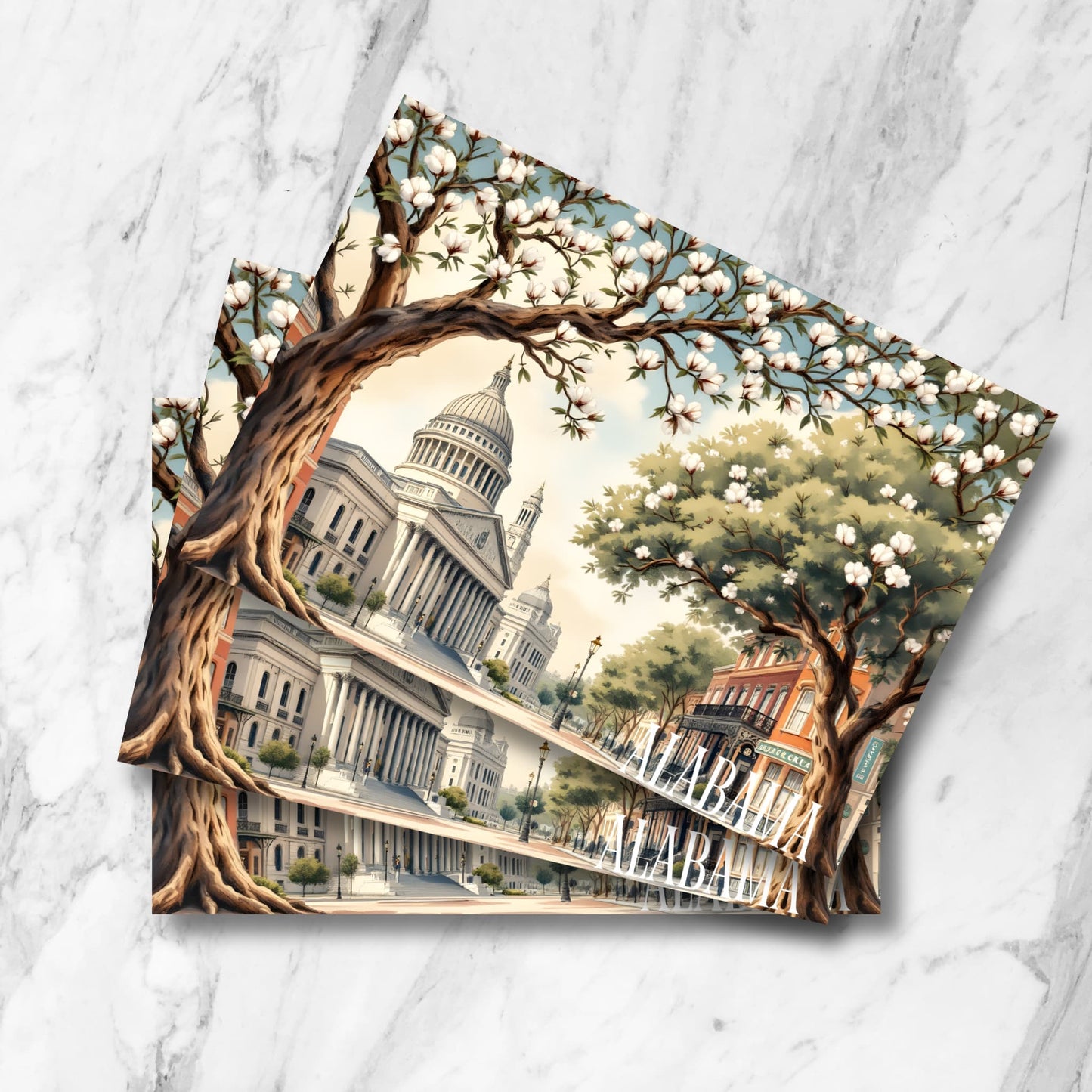 Artistic vintage-style illustration of Alabama State Capitol building surrounded by blooming cotton trees, featuring classical architecture and historic streetscape with warm sunset tones, shown as stacked prints on marble background