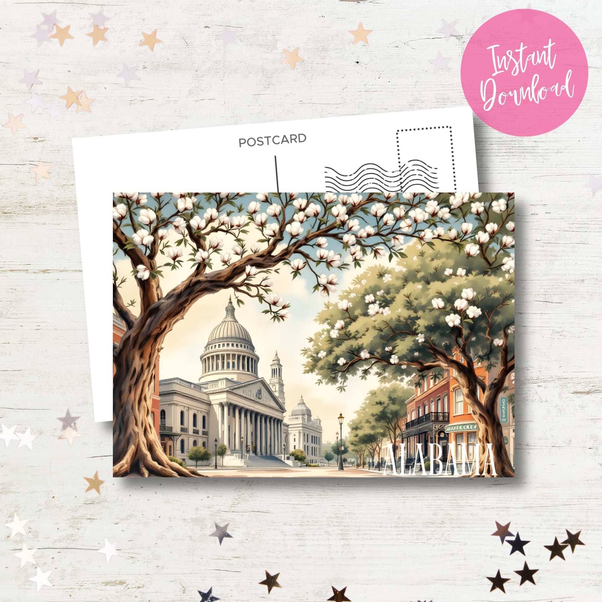 Vintage Alabama State Capitol postcard with cotton trees on rustic white wood background, featuring instant download badge and decorative star elements, showcasing southern architectural charm with postcard formatting