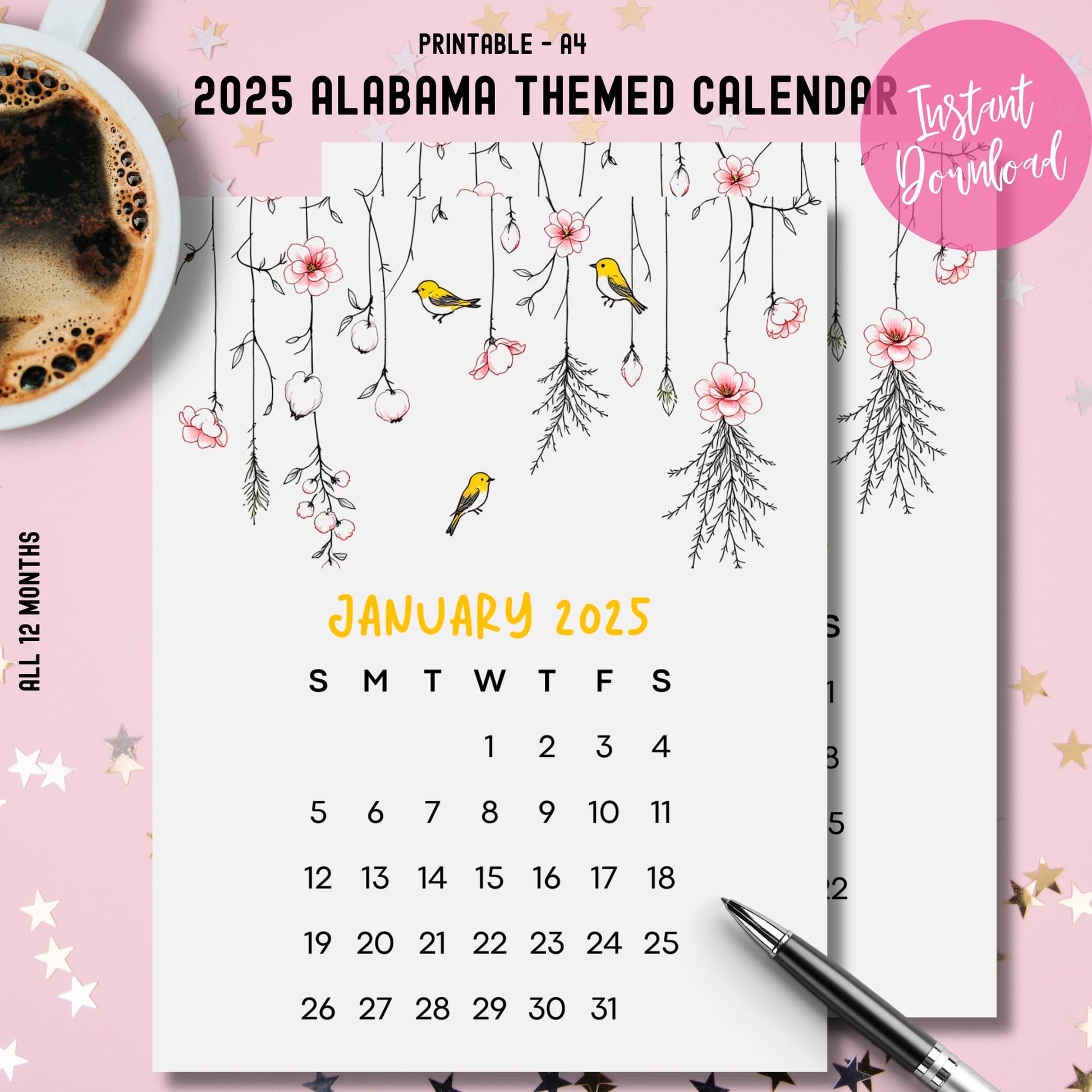 Main product cover for 2025 Alabama state calendar featuring January preview, yellow finches, and hanging floral design on minimalist white background