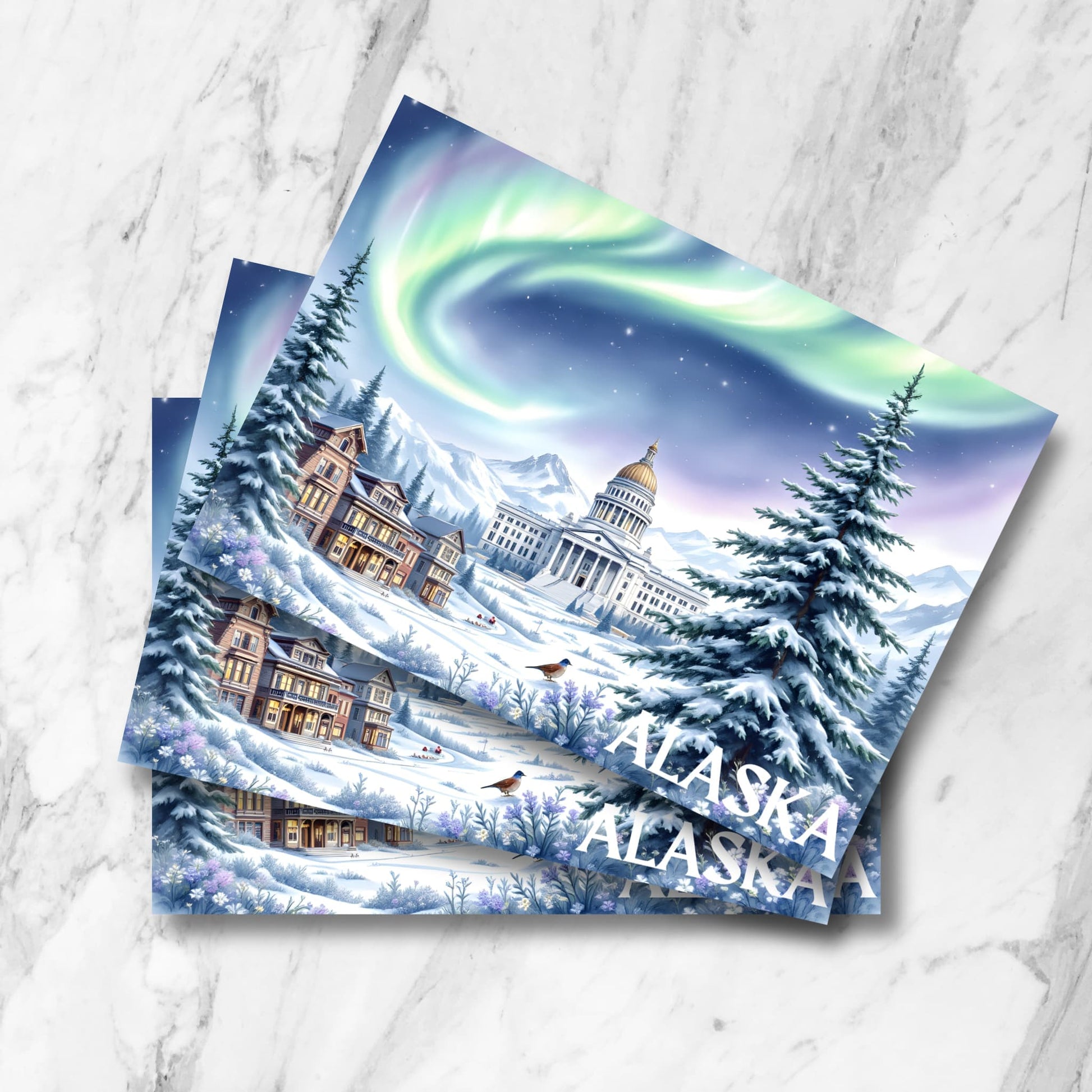 Vintage-style Alaska winter illustration showing State Capitol building with northern lights, snow-covered Victorian buildings, and evergreen trees, displayed as stacked prints on marble background