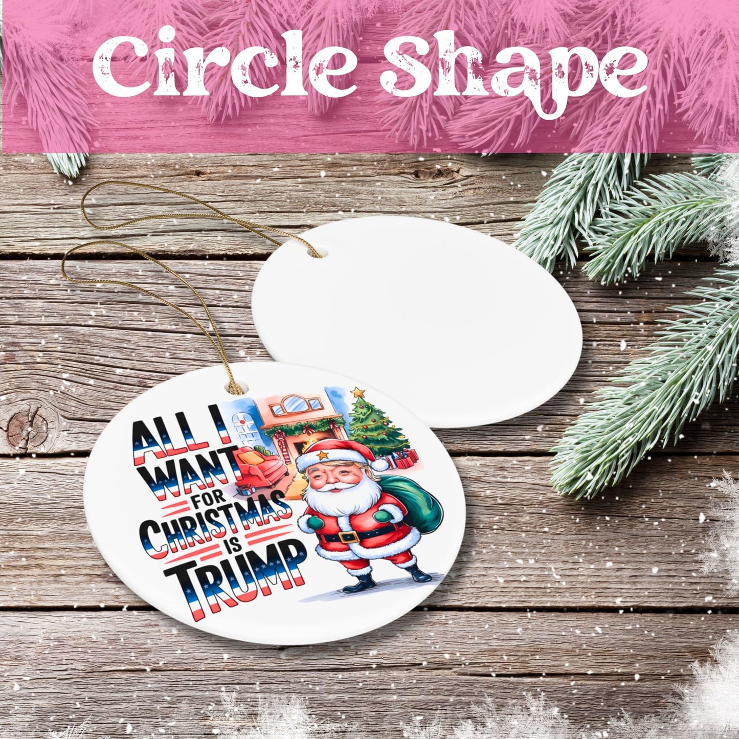 Circle shaped ceramic ornament with festive Santa design and Christmas interior scene. White porcelain finish with gold hanging string, displayed on rustic wooden background with pine accents.