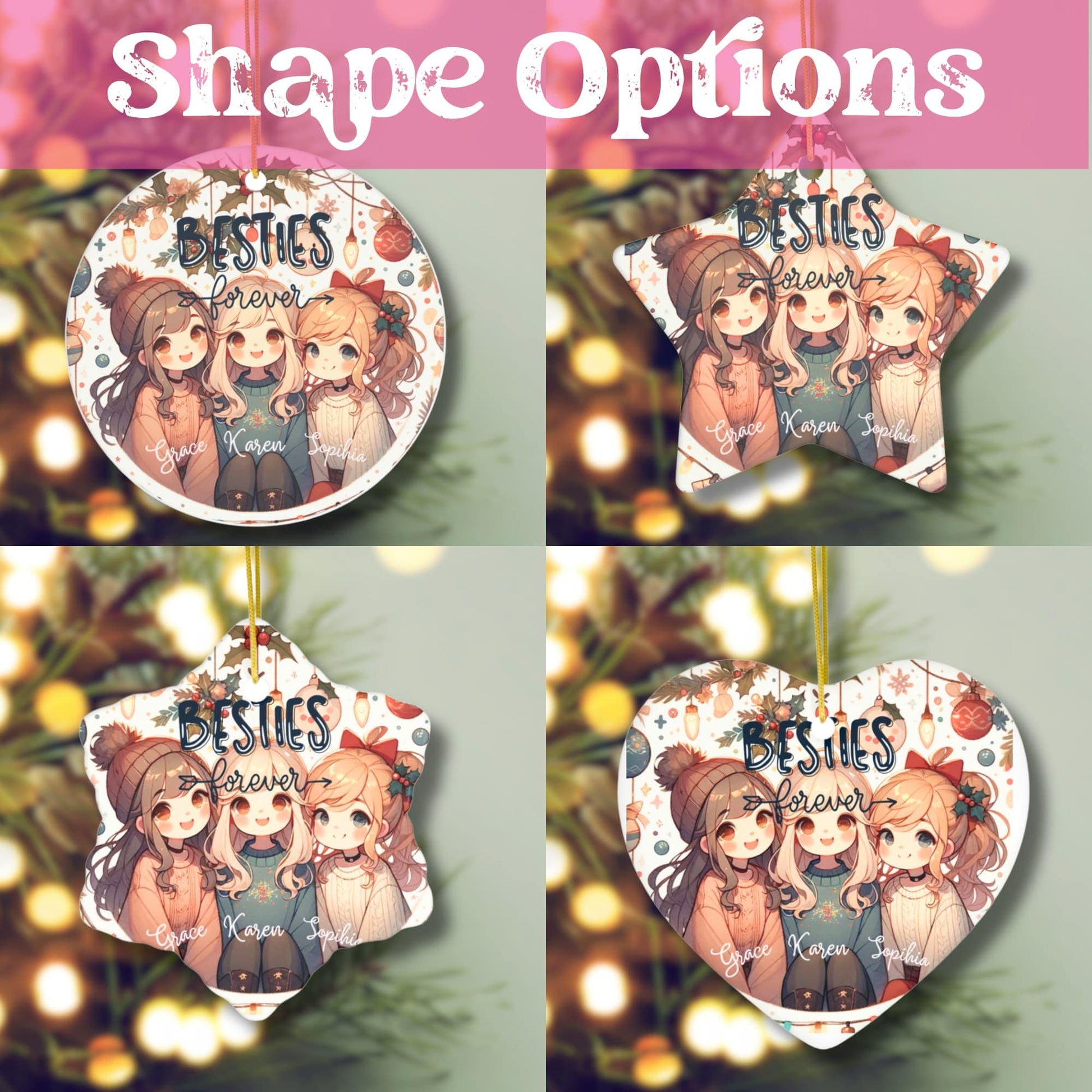 An array of Besties Forever Christmas ornaments in four sizes, showcasing diversity in design and customization options.