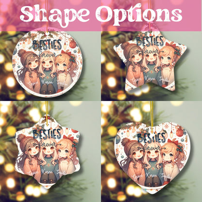 An array of Besties Forever Christmas ornaments in four sizes, showcasing diversity in design and customization options.