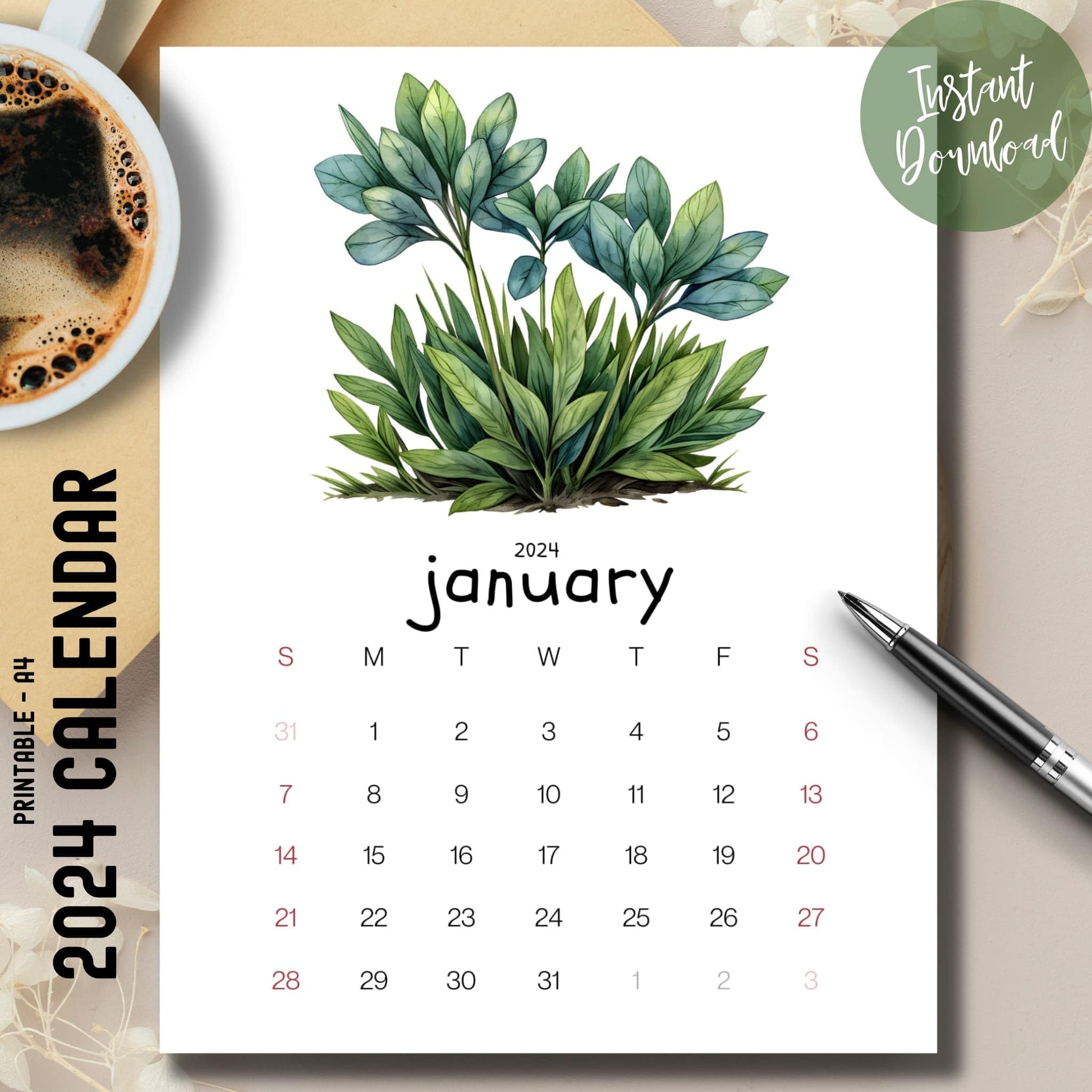 Alpine Plant 2024-25 full year calendar on a brown desk with a coffee cup on the left and a pen on the right.