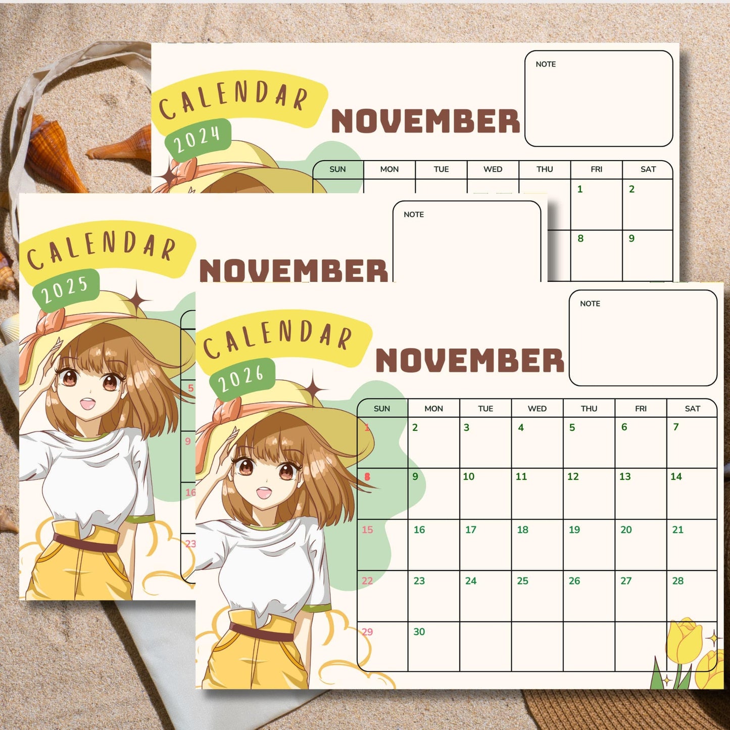 Layered November calendars 2024-2026 with kawaii anime character illustration, yellow banner headers and pastel green accents on beige textured background