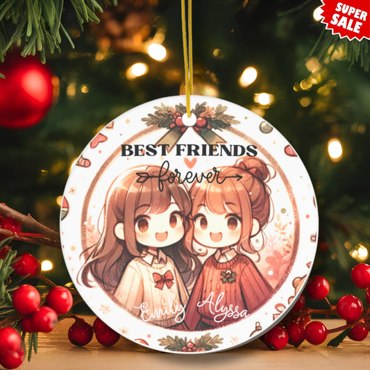 Festive display of anime best friends ornament with red berries and Christmas lights, featuring cute kawaii-style illustration of two friends in winter outfits, marked as super sale item