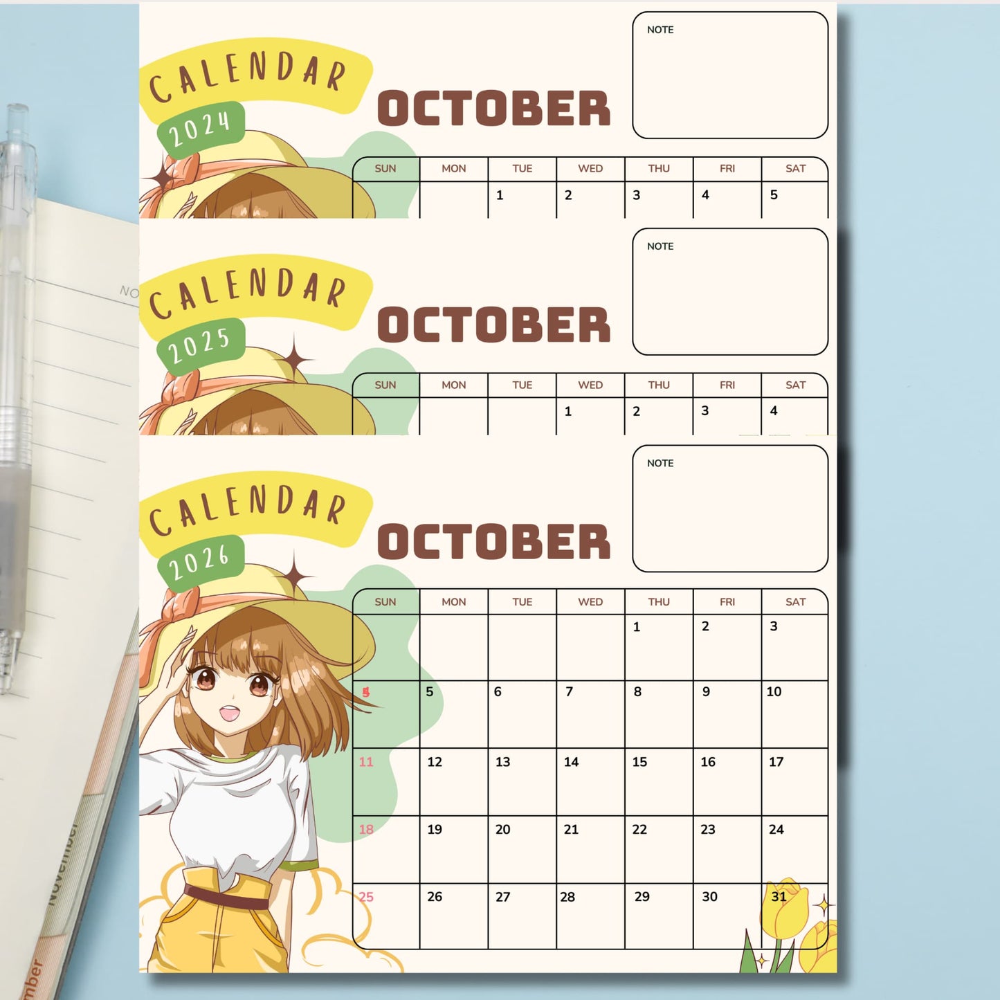 Three October calendars for 2024-2026 with anime girl illustration. Calendars feature yellow-green design, note sections, and full month views. Pencil visible in corner.