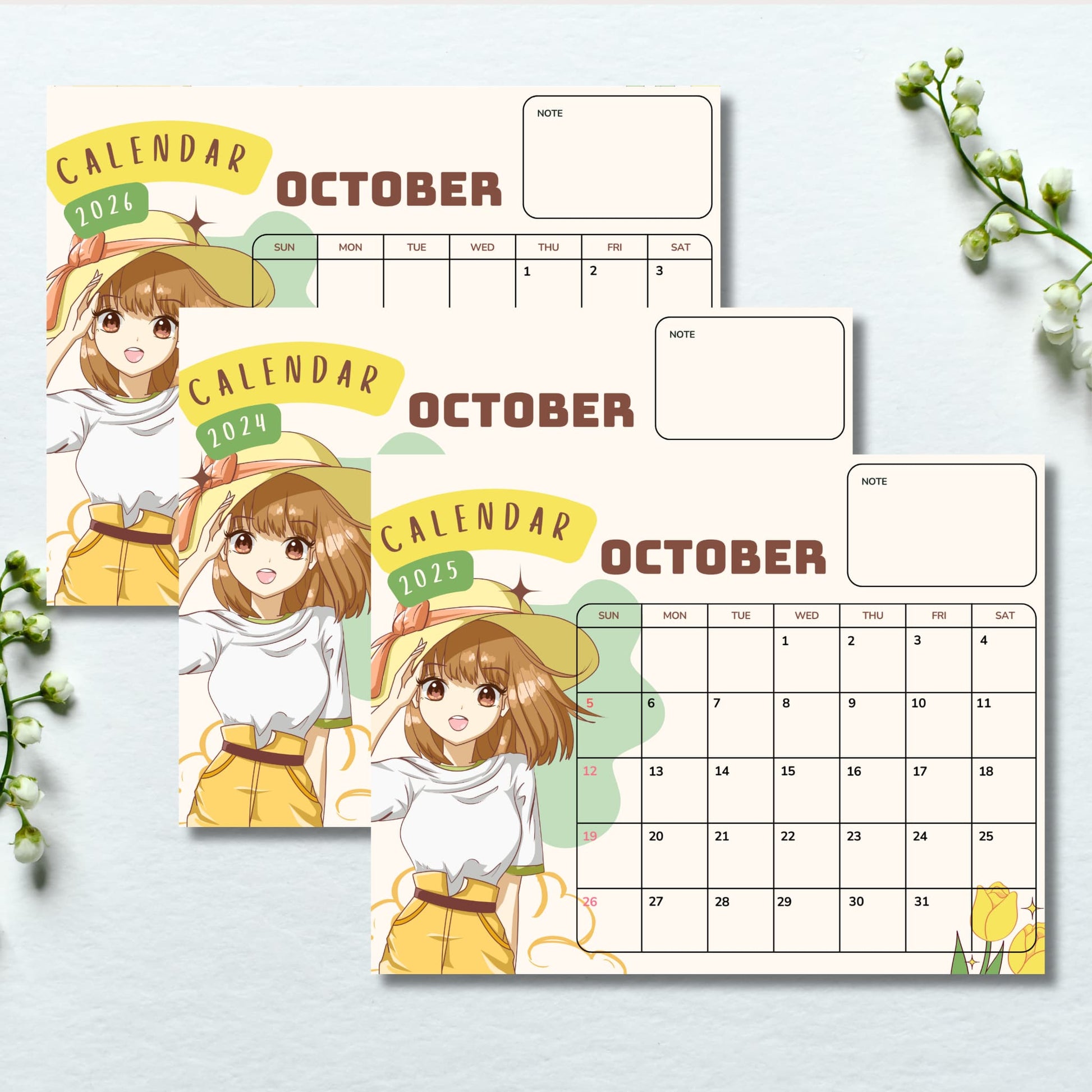 Three October calendars for 2024-2026 arranged diagonally. Each features anime girl in yellow outfit, month grid, and notes area. Small white flowers visible in corner on light blue backdrop.