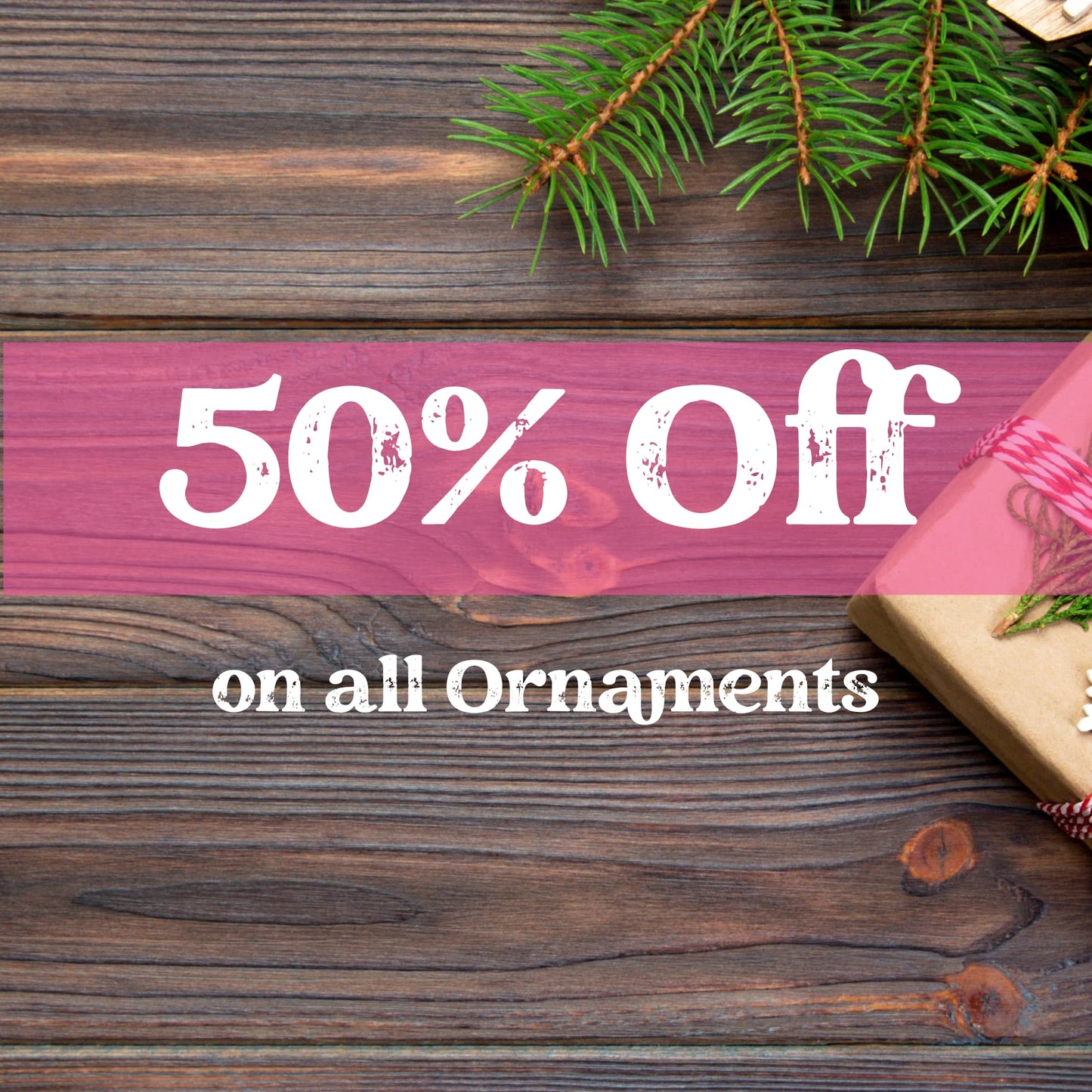 Special announcement showcasing a 50% discount on Custom Christmas Ornaments for the holiday season.