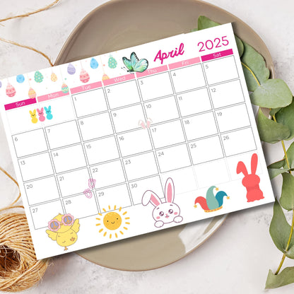 April 2025 calendar decorated with Easter motifs including pastel eggs, bunnies, chicks with sunglasses, and spring butterflies, displayed with eucalyptus leaves