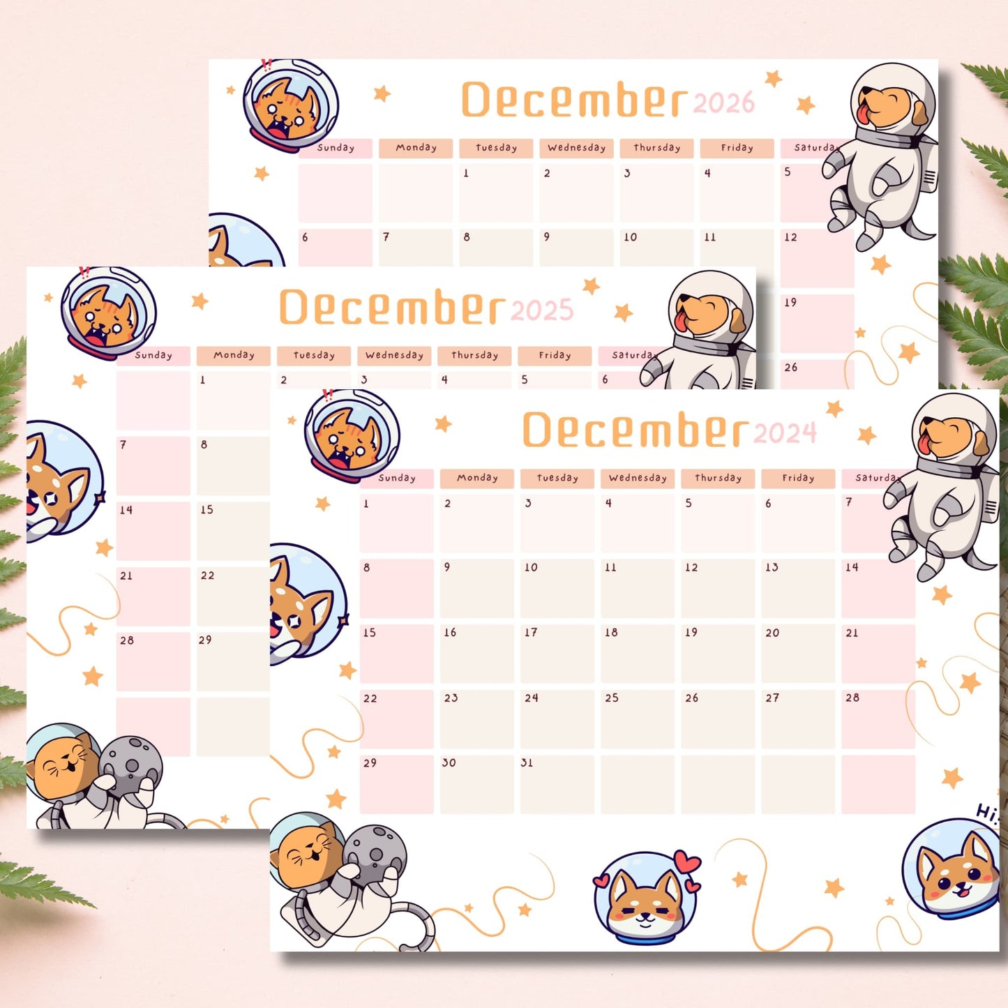 Cascading view of December 2024-2026 calendars featuring adorable space-themed puppies, moon design, and floating stars with peach-colored headers in landscape layout.