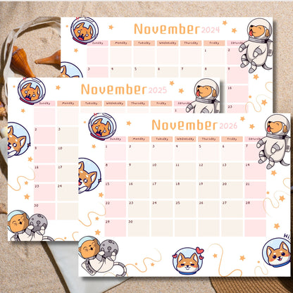 Layered view of November 2024-2026 calendars with cute space dog illustrations, floating astronaut puppy characters, and star decorations on warm beige background.