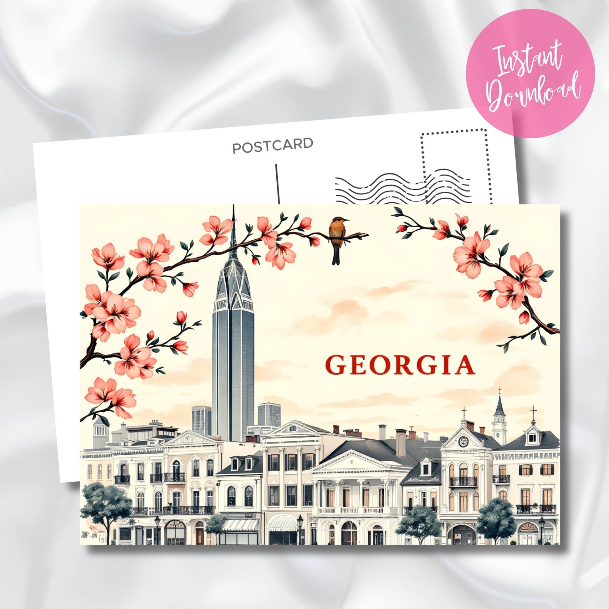 Digital download preview of Atlanta's historic district with soaring Bank of America Tower, Victorian architecture, blooming cherry trees, and perched songbird against cream sky