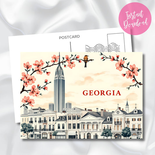 Digital download preview of Atlanta's historic district with soaring Bank of America Tower, Victorian architecture, blooming cherry trees, and perched songbird against cream sky