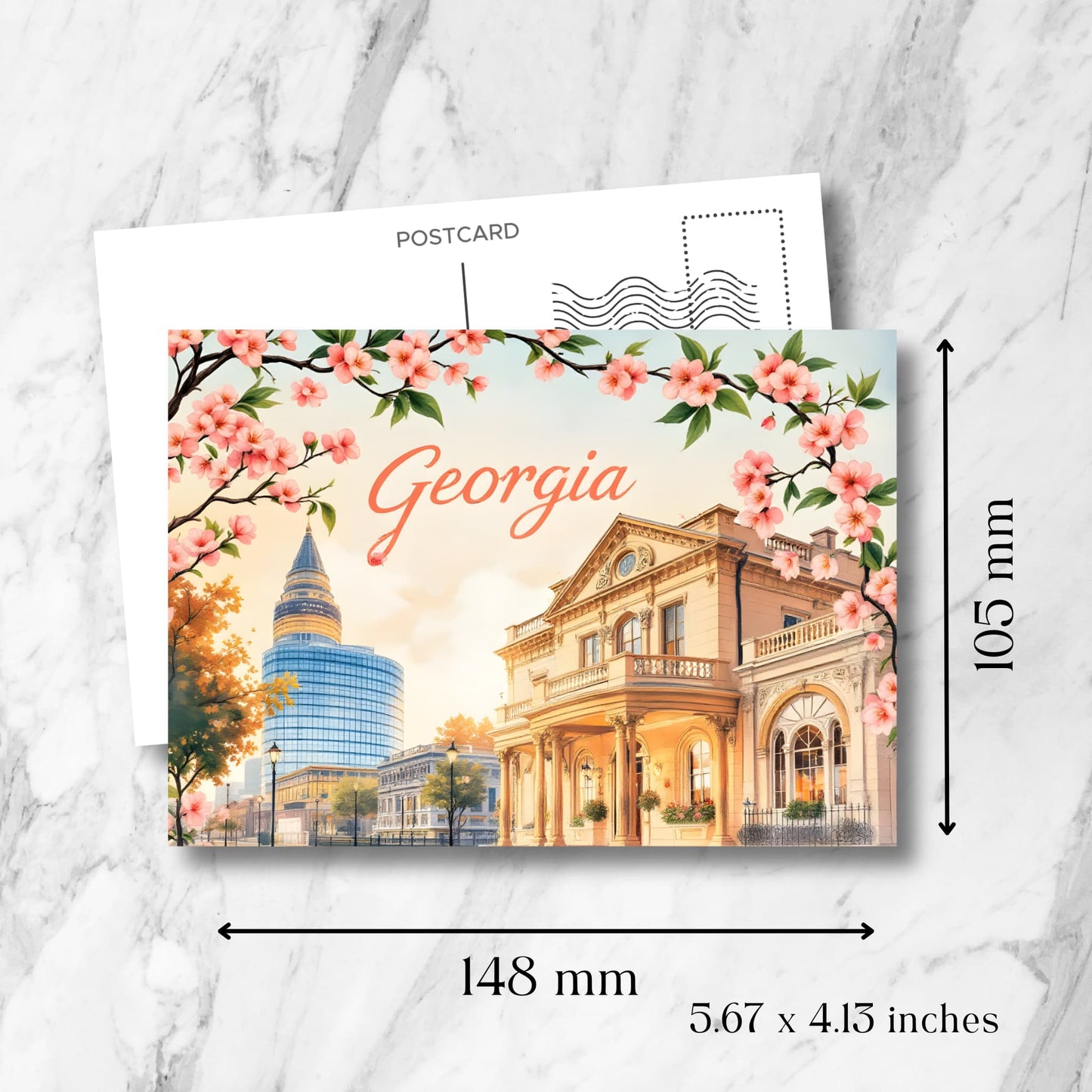 Georgia spring postcard size guide (148x105mm) showcasing modern tower, historic mansion with columns, cherry blossom frame, and vintage architectural details