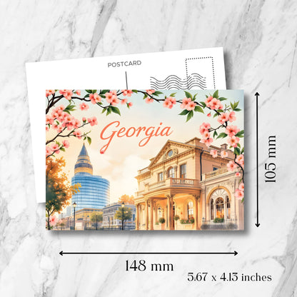 Georgia spring postcard size guide (148x105mm) showcasing modern tower, historic mansion with columns, cherry blossom frame, and vintage architectural details