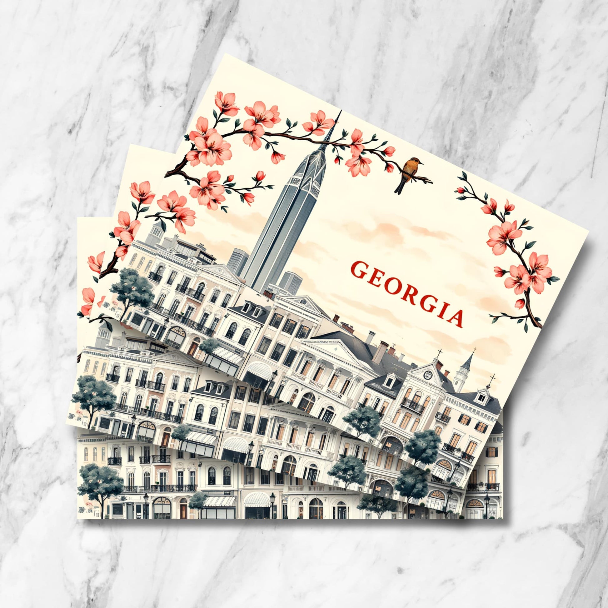 Stacked preview of downtown Atlanta postcards featuring Bank of America Tower, historic Victorian buildings, cherry blossoms, and brown songbird in vintage watercolor style