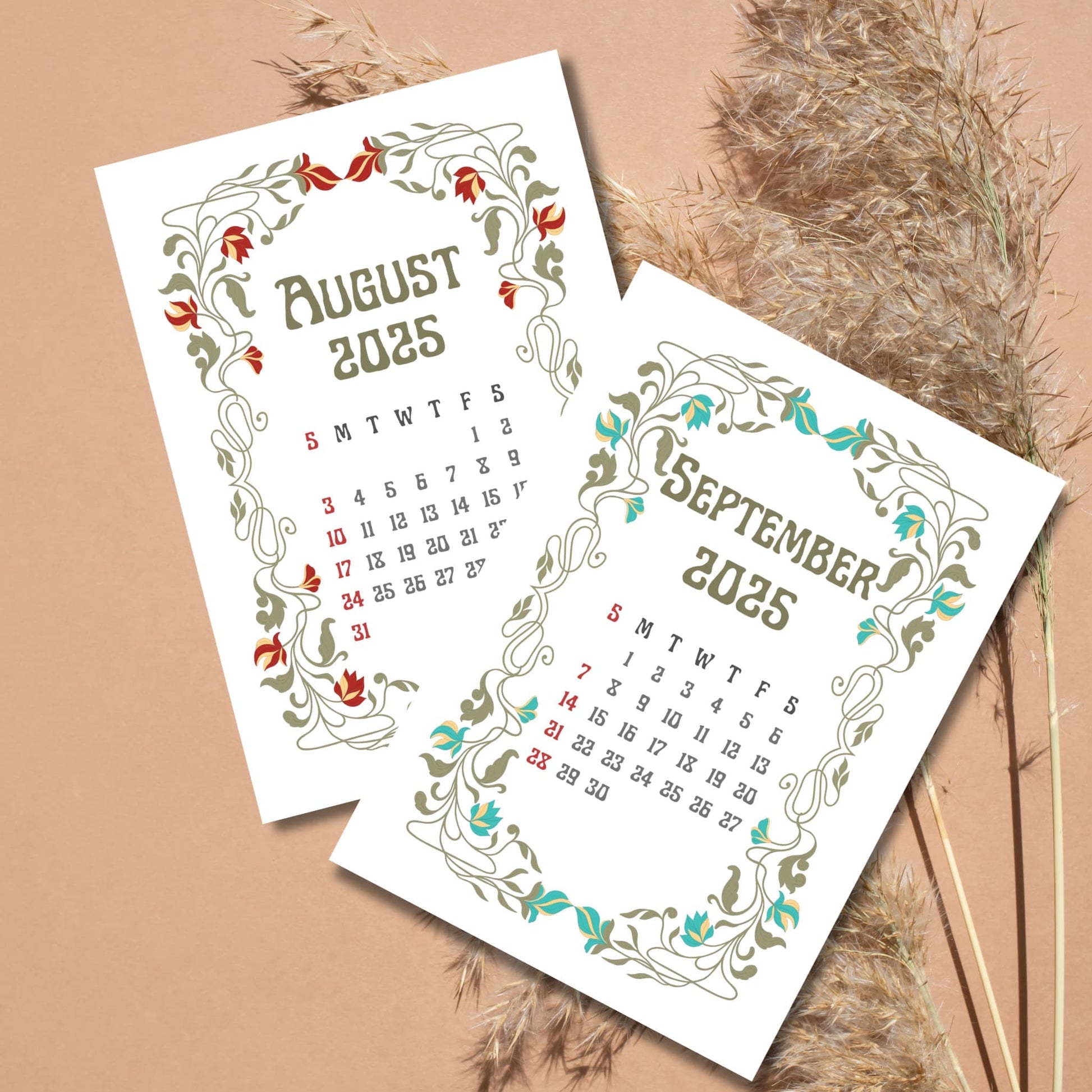 PTwo calendar pages for August and September 2025 featuring Art Nouveau floral borders with red and turquoise blooms, styled with vintage typography against dried flower backdropfloral borders, Art Nouveau typography, and A4 format indicator