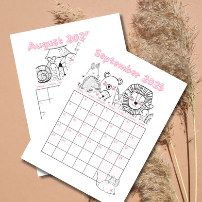 August and September 2025 calendar pages with line art woodland creatures. Pink text with Monday-start grid layout on beige background with pampas grass.