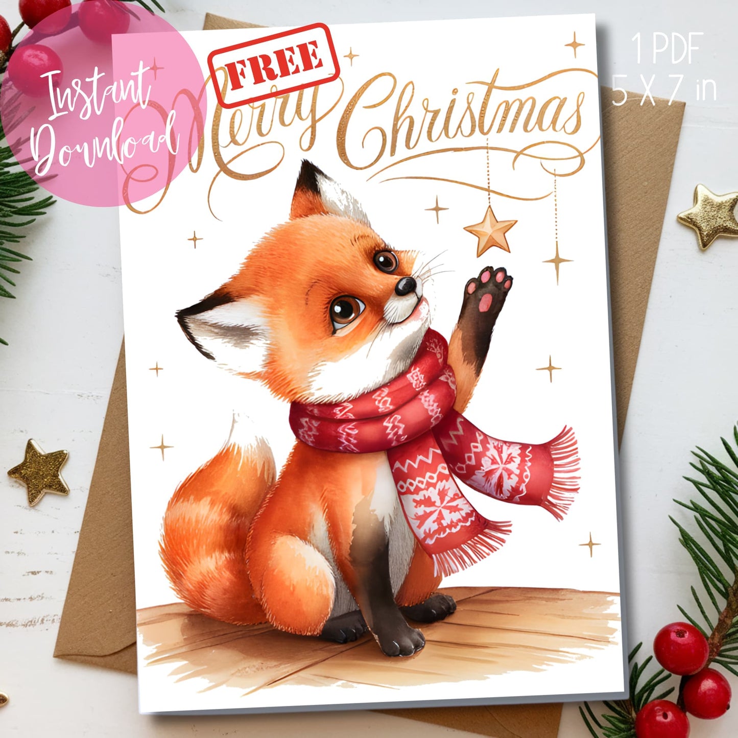 Free 5x7 holiday card featuring adorable fox cub in festive red knit scarf, decorated with golden stars and calligraphy, displayed with kraft envelope and pine branches, instant download