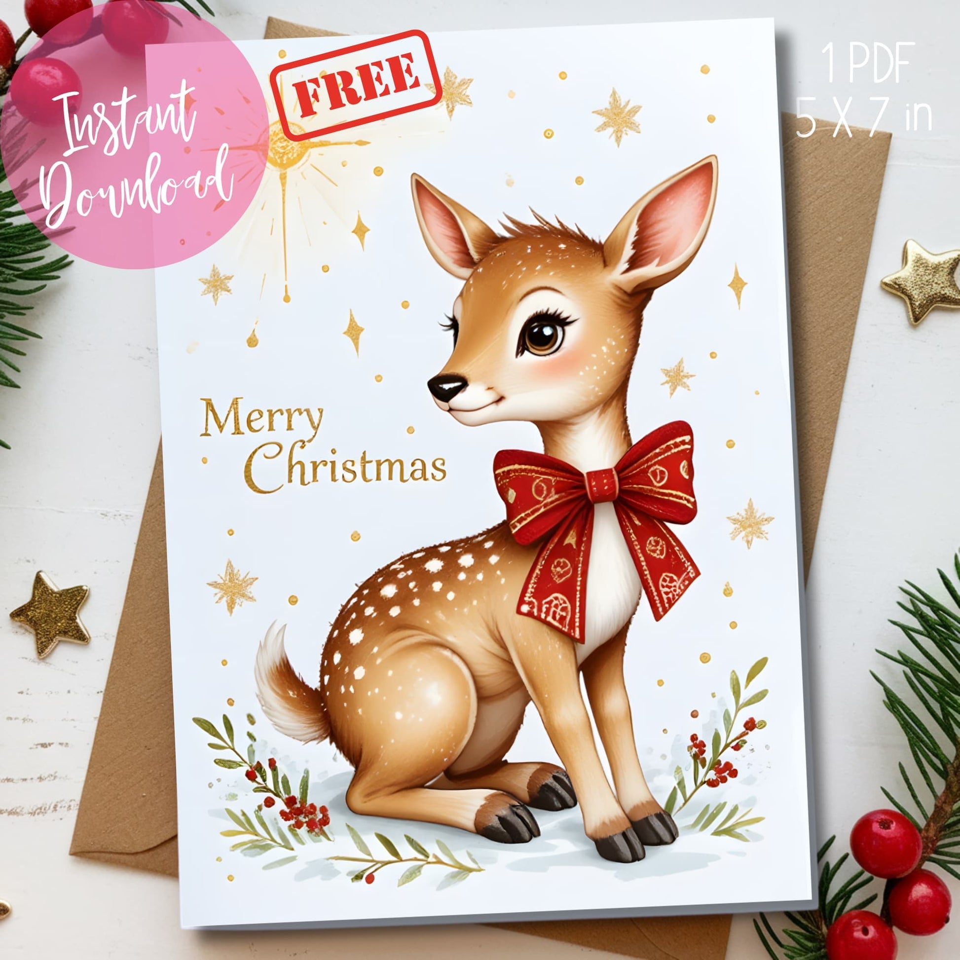 Free 5x7 holiday card featuring adorable fox cub in festive red knit scarf, decorated with golden stars and calligraphy, displayed with kraft envelope and pine branches, instant download