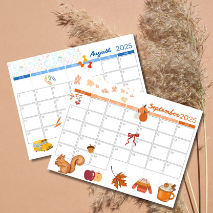 August and September 2025 calendar pages featuring school bus, autumn decorations, colorful pushpins, apples, squirrel, and pumpkin spice latte illustrations