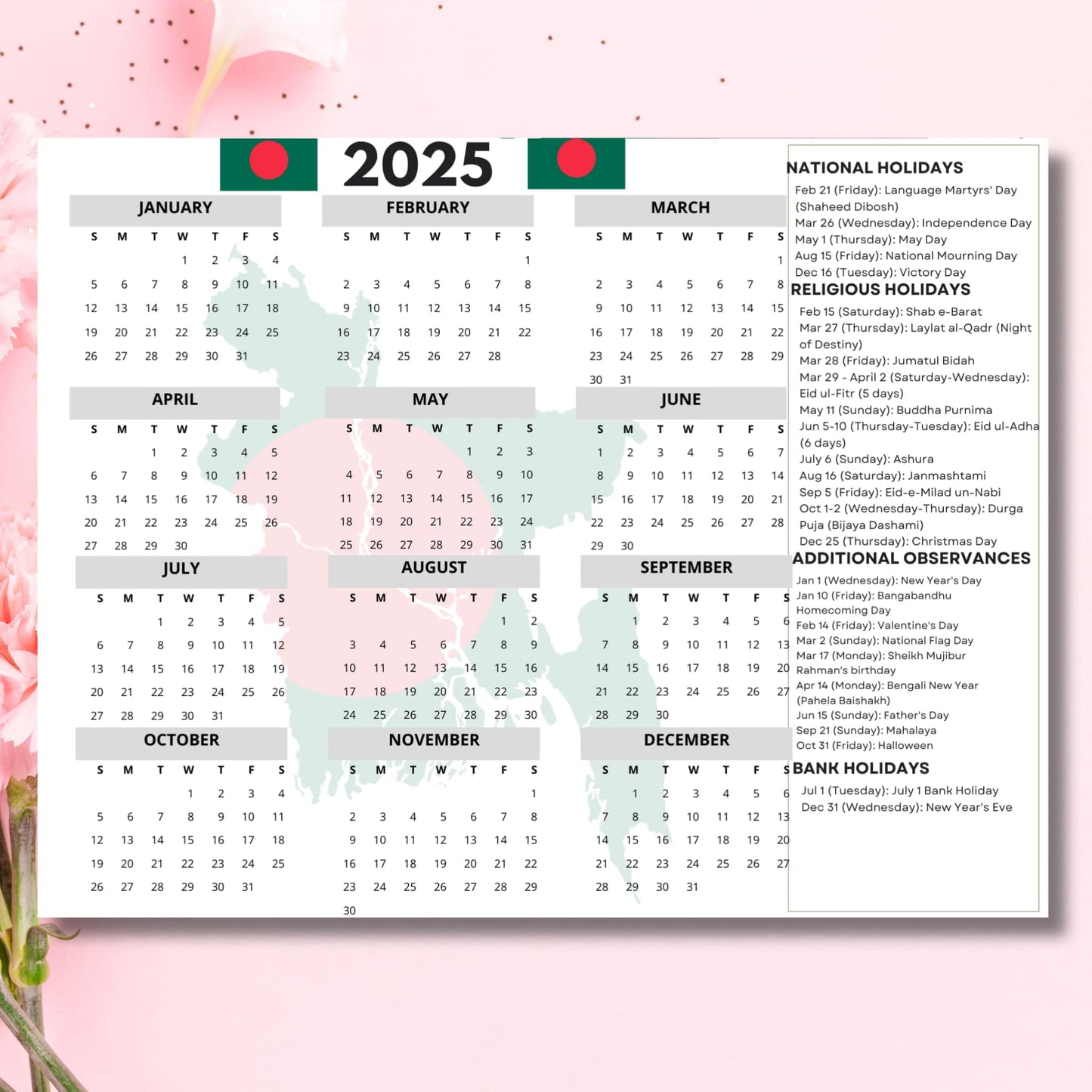 2025 Bangladesh yearly calendar with national flag headers showing all months, featuring Language Martyrs' Day, Independence Day, Islamic festivals like Eid, and Bengali cultural observances including Pohela Boishakh, displayed on pink background with watermark design